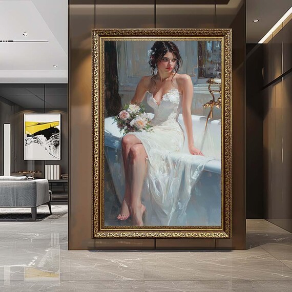 Bride in Bathtub Canvas Wall Art – Elegant Bridal Portrait Print – Romantic Wedding Artwork for Feminine Home Decor