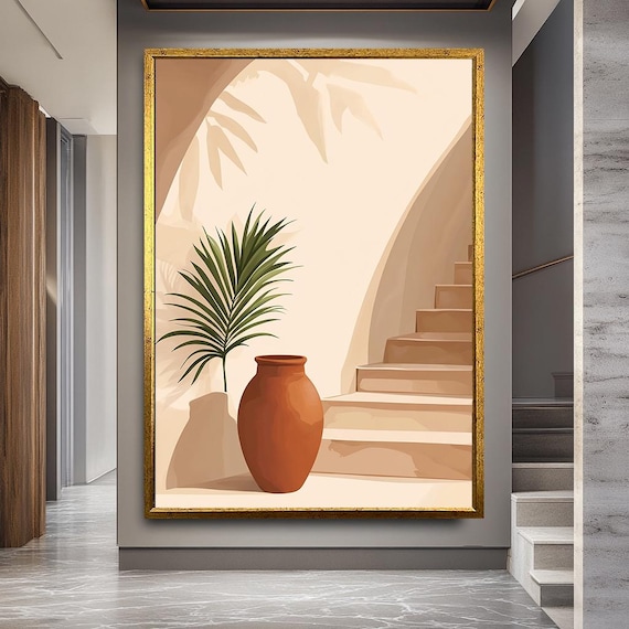 Mediterranean Staircase Canvas Print, Minimal Boho Wall Art with Clay Pot and Palm Leaf, Warm Earth Tone Decor for Living Room or Hallway