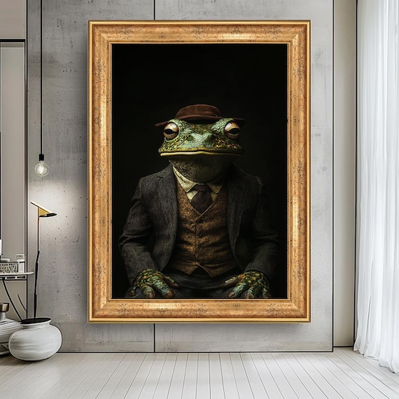 Frog Gentleman Wall Art – Dapper Toad in Suit Canvas Print, Quirky Animal Portrait for Office, Study, or Unique Home Decor