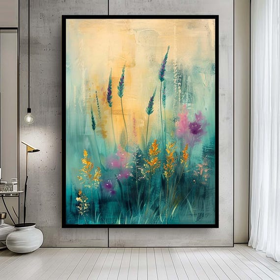 Abstract Floral Canvas Wall Art – Colorful Wildflowers Painting Print with Soft Brush Strokes – Modern Nature Artwork for Home Decor
