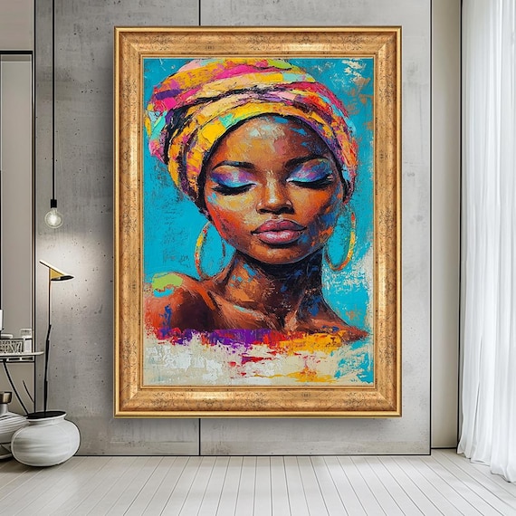 Colorful African Woman Canvas Wall Art – Bold Ethnic Portrait with Headwrap – Afrocentric Decor for Living Room, Office or Gallery Space
