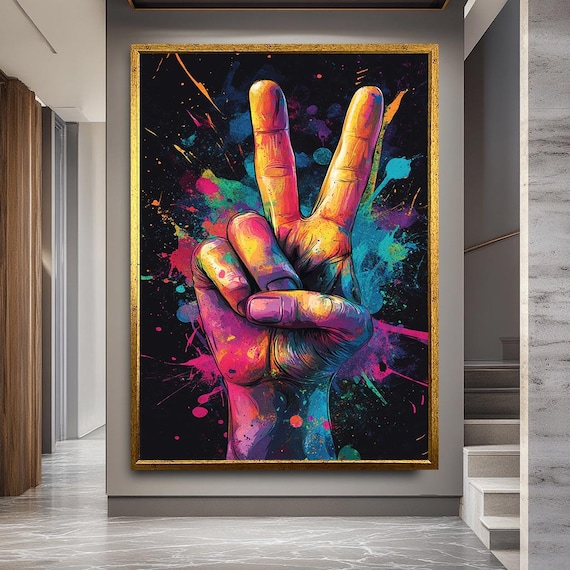 Colorful Peace Hand Sign Canvas – Urban Street Art Style Wall Decor, Bold Pop Art - Modern Wall Art