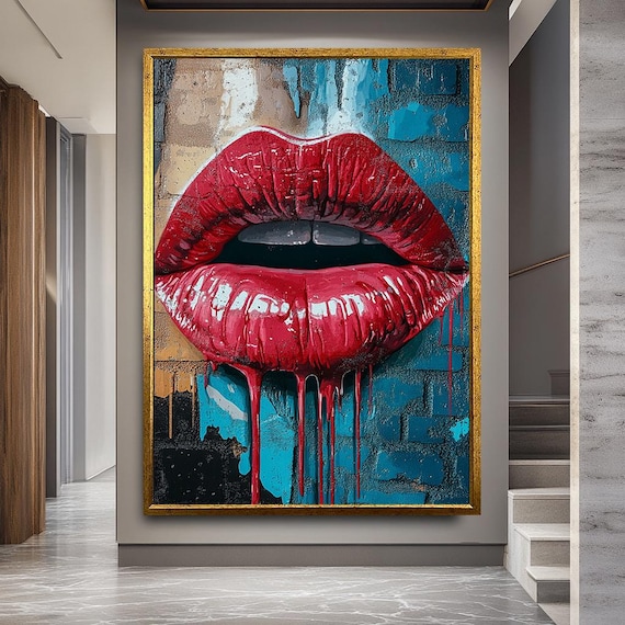 Red Lips Canvas Print, Modern Pop Art Wall Decor, Bold Street Art Style Painting for Bedroom or Living Room