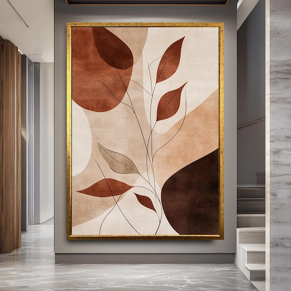 Minimalist Botanical Wall Art With Brown Abstract Leaves, Earth Tone Canvas Print For Modern Boho Living Room Or Bedroom Decor