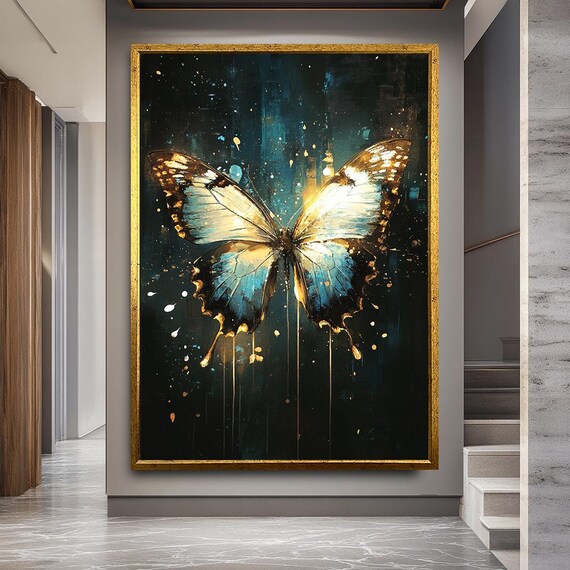 Blue and Gold Butterfly Canvas Wall Art – Elegant Insect Painting with Abstract Glow – Modern Nature Decor for Bedroom or Living Room
