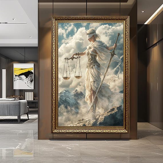 Lady Justice Fantasy Canvas Wall Art – Blindfolded Warrior Woman with Scales and Sword – Mythical Law and Power Decor Print