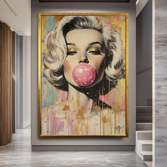 Glam Pop Art Woman with Bubblegum | Marilyn-Inspired Colorful Portrait Canvas | Gold-Accented Retro Wall Art for Fashionable Interiors