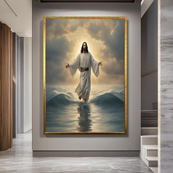Jesus Walking on Water Canvas Wall Art – Christian Miracle Scene with Radiant Light, Open Arms and Ocean Waves for Spiritual Home Decor