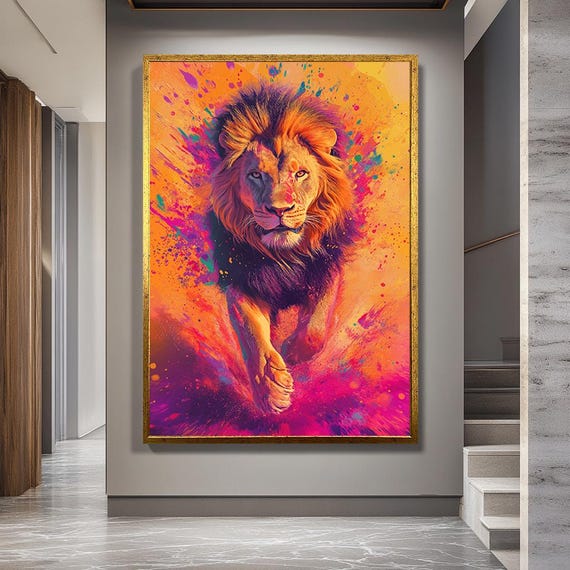 Running Lion in Color Burst Canvas Wall Art – Bold Jungle King with Vibrant Splash – Energetic Pop Art Style Animal Decor Print