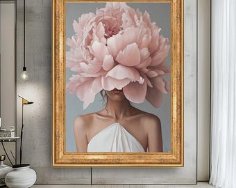 Elegant Woman with Oversized Pink Peony Head | Romantic Floral Feminine Wall Art | Soft Pastel Botanical Portrait Canvas