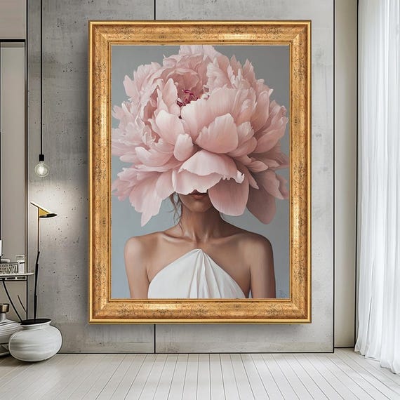 Elegant Woman with Oversized Pink Peony Head | Romantic Floral Feminine Wall Art | Soft Pastel Botanical Portrait Canvas
