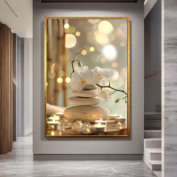 Zen Orchid Spa Canvas Wall Art – White Orchid Stone Balance Print – Relaxing Meditation Artwork for Peaceful Home Decor