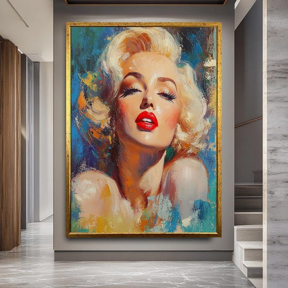 Colorful Woman Portrait Wall Art Glamorous Blonde with Red Lips Canvas Painting Modern Pop Art Print for Living Room or Studio Decor
