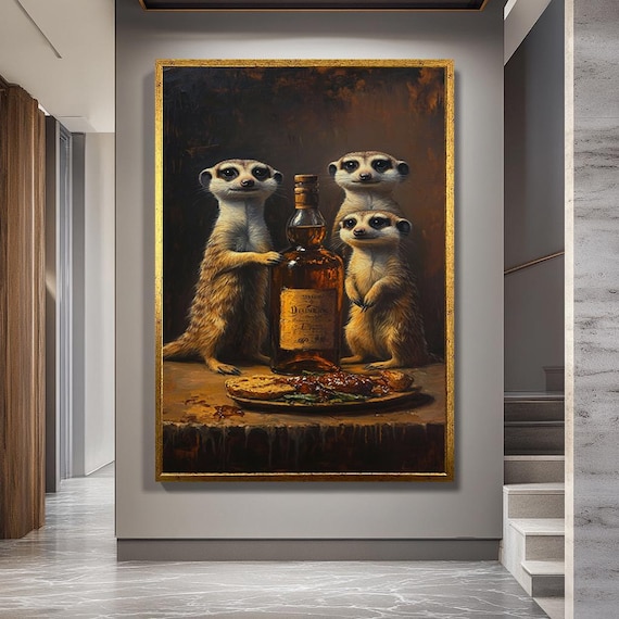 Funny Meerkats with Whiskey Canvas Wall Art – Whimsical Animal Bar Scene Print – Rustic Humor Decor for Kitchen or Home Bar