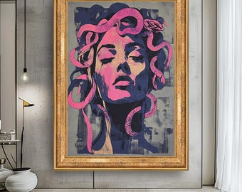 Medusa Pop Art Canvas: Bold Pink & Purple Mythological Portrait