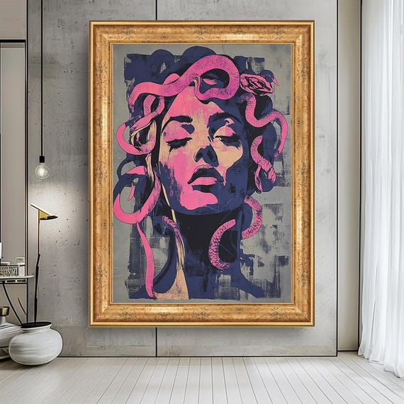 Medusa Wall Art – Bold Pink and Purple Pop Art Canvas, Mythological Snake Hair Woman Portrait for Edgy Modern Home or Office Decor