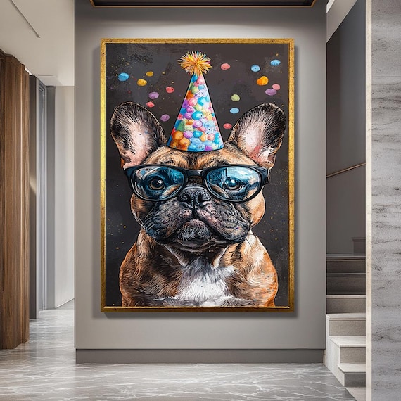 Funny French Bulldog Birthday Party Canvas Wall Art – Cute Dog with Glasses and Hat Print for Colorful Pet Lovers Decor