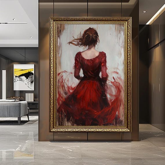 Red Dress Woman Canvas Art – Romantic Feminine Back View Painting – Elegant Mystery Lady Wall Decor – Modern Expressionist Print