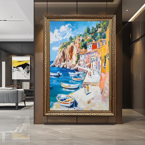 Coastal Italy Canvas Wall Art – Colorful Mediterranean Seaside Village Canvas Print, Boats on Blue Ocean, Amalfi Coast Landscape Print