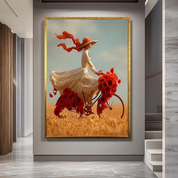 Romantic Girl on Bicycle Canvas Art – Red Flowers & Wheat Field Aesthetic, Vintage Boho Wall Decor, Elegant Woman Print, Dreamy Home Print