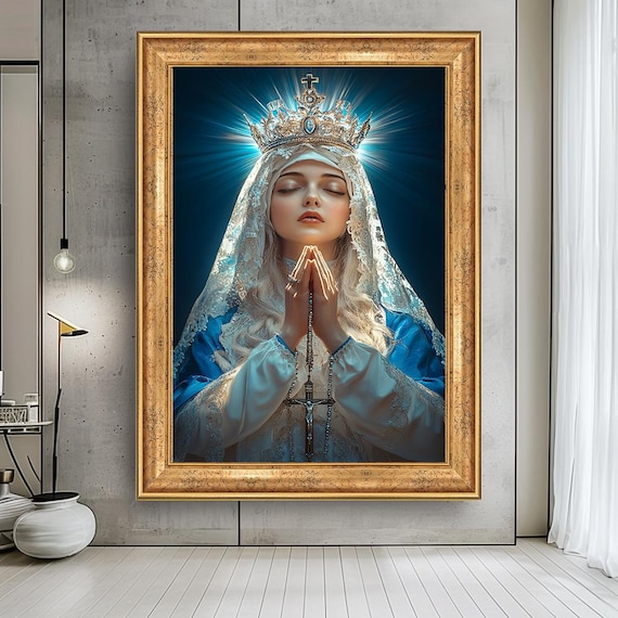 Crowned Virgin Mary Canvas – Blue Madonna Wall Art with Rosary and Halo – Elegant Spiritual Catholic Christian Home Decor Print