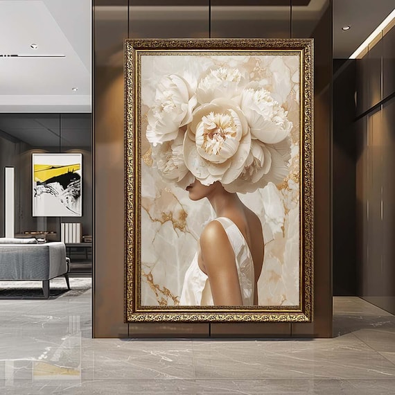 Elegant Woman with Floral Headpiece Canvas Wall Art – Luxury Neutral Flower Portrait – Modern Fashion Artwork for Chic Home Decor