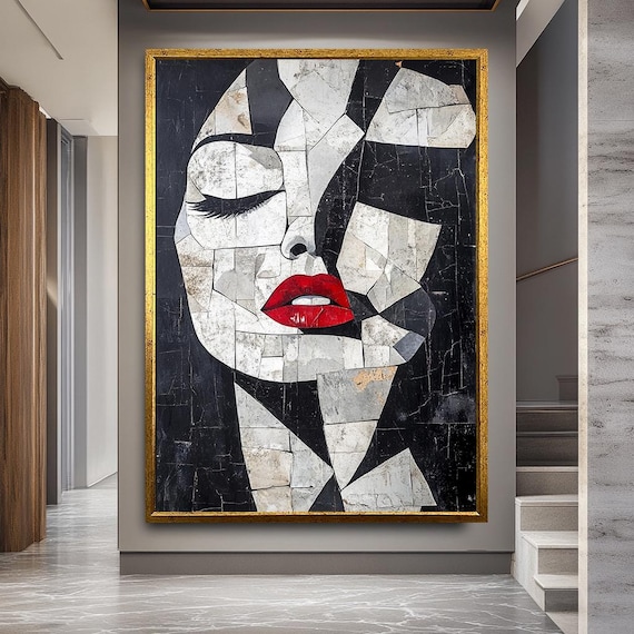 Abstract Woman Face Canvas Art – Red Lips Mosaic Portrait – Modern Wall Art for Bedroom or Living Room – Contemporary Female Decor