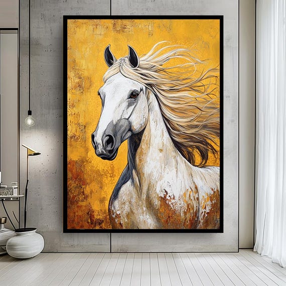 White Horse Canvas Wall Art – Golden Background Elegant Horse Portrait Print – Majestic Animal Artwork for Modern Home Decor