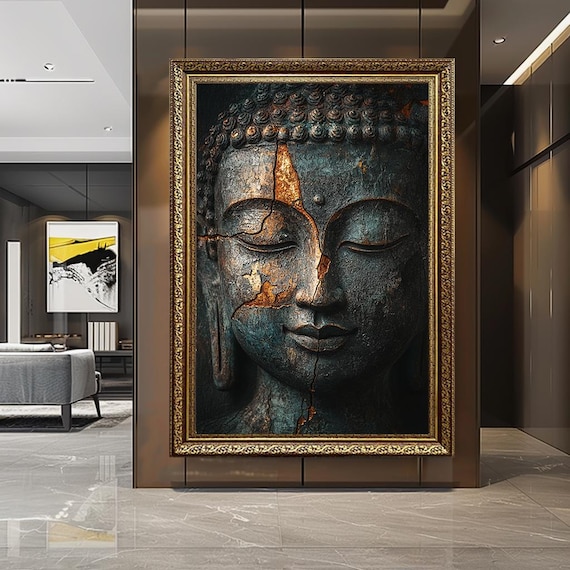 Cracked Buddha Face Canvas Wall Art – Zen Meditation Statue Print, Wabi Sabi Decor, Asian Spiritual Home Art, Rustic Gold Accent