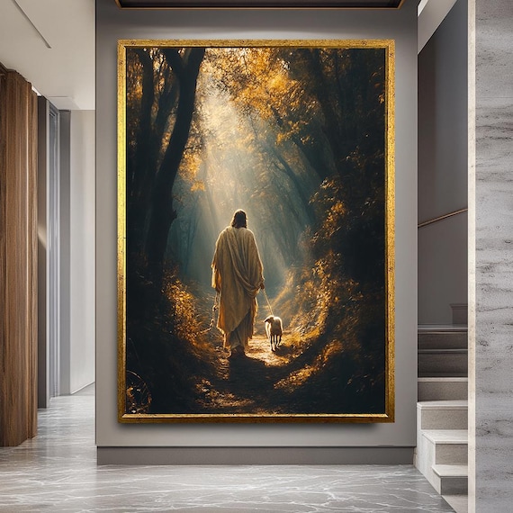 Spiritual Forest Walk Christian Wall Art -Jesus and Her Dog Canvas Painting, Faith and Nature Themed Decor, Christian Home Accessory