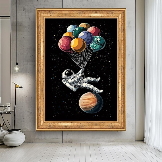 Astronaut Balloon Canvas Wall Art - Space Adventure with Planets - Whimsical Outer Space Decor for Kids Room, Nursery or Modern Office