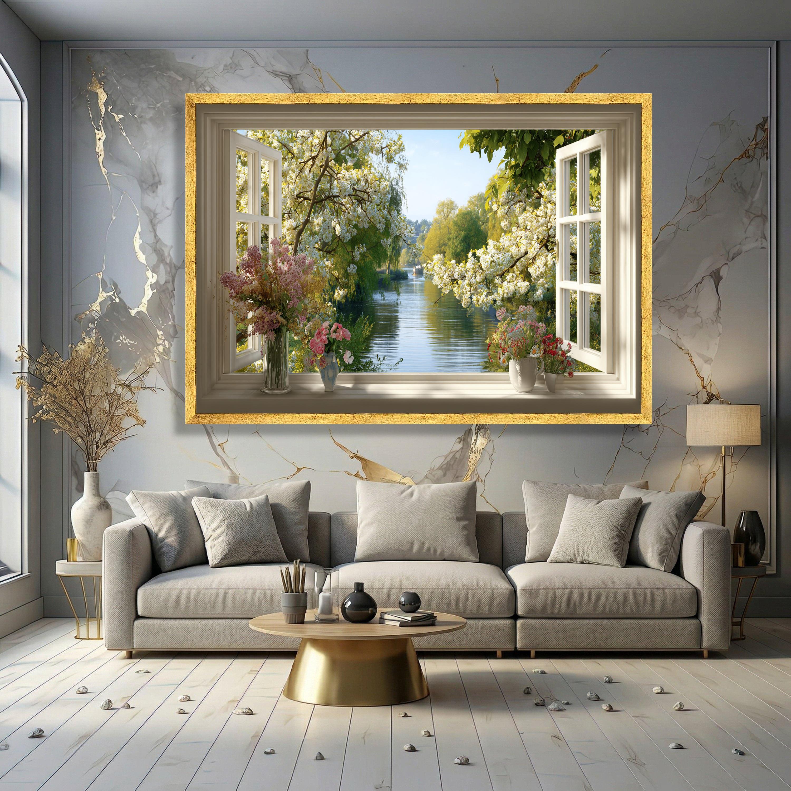 Spring Blossom River View Canvas, Open Window Scene Wall Art, Floral ...