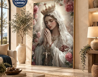 May include: A rectangular wall art print on 100% cotton canvas featuring a portrait of a figure wearing a crown and a white lace veil, with hands clasped in prayer holding a rosary with a crucifix, surrounded by pink roses and a glowing light.