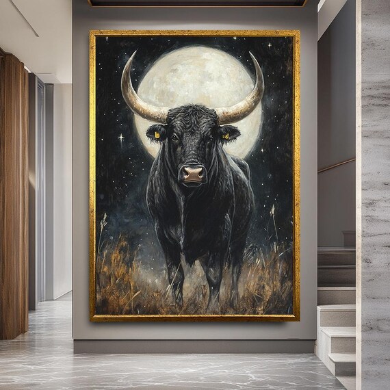 Moonlight Bull Canvas Print, Powerful Animal Wall Art, Majestic Black Bull Under Full Moon for Rustic or Modern Home Decor