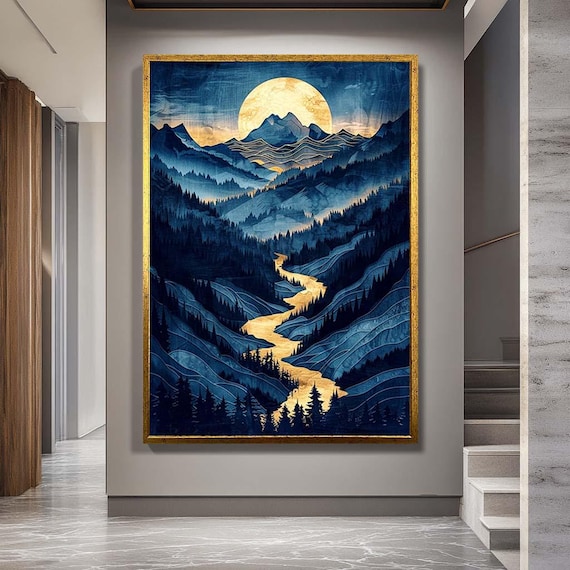 Moonlit Mountain River Canvas Wall Art – Golden Stream and Blue Forest Landscape Print – Mystical Nature Artwork for Cozy Decor