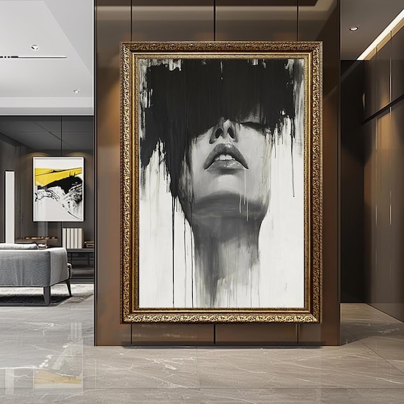 Abstract Woman Canvas Wall Art - Black and White Face Portrait Print - Modern Minimalist Emotional Painting - Contemporary Home Decor