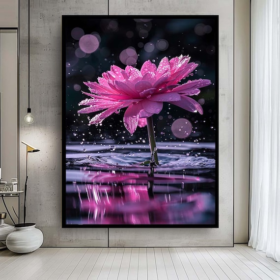 Pink Lotus Flower Canvas Wall Art – Water Reflection Floral Print with Dew Drops – Serene Nature Artwork for Spa or Meditation Decor