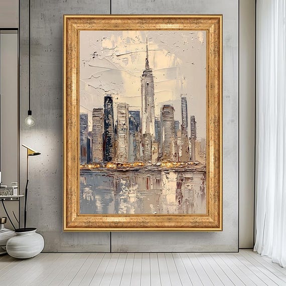 Textured New York Skyline Canvas – Modern Abstract Cityscape Wall Art in Neutral Beige and Gold Tones – Luxury Urban Decor for Home