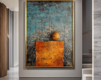 Lienzo geométrico abstracto para pared, impresión moderna en azul y naranja, obra de arte minimalista industrial para decoración de oficina o sala de estar.