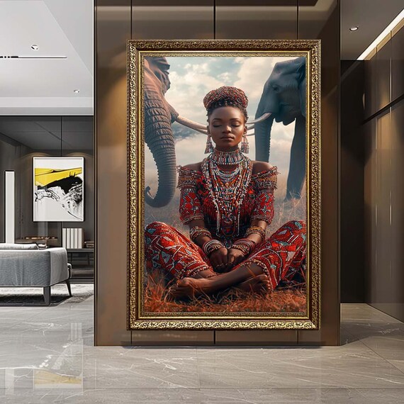 African Woman Meditation Canvas Wall Art – Tribal Jewelry Portrait with Elephants – Spiritual Cultural Artwork for Boho Home Decor