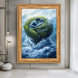 地球の恋人たちのキャンバスウォールアート - 自然にインスパイアされたロマンチックなカップルの絵画 - 海の波と惑星の愛をテーマにしたモダンなホームデコレーション用アートワーク
