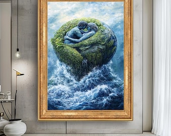 Può includere: Un'opera d'arte incorniciata raffigura due figure che si abbracciano all'interno di una sfera verde ricoperta di piante, che emerge da turbolente acque blu. Le figure sono rese in tonalità di blu e grigio, su uno sfondo di cielo nuvoloso. La cornice è di colore oro caldo.