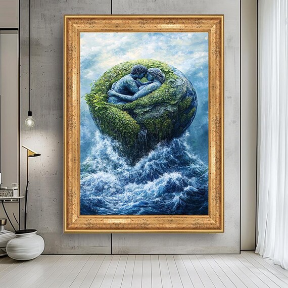 Earth Lovers Canvas Wall Art – Nature Inspired Romantic Couple Painting – Ocean Waves and Planet Love Theme Artwork for Modern Home Decor