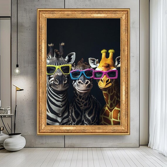 Funny Safari Animals with Sunglasses Canvas – Cool Zebra, Giraffe & Friends Wall Art, Whimsical Jungle Decor -Funny Giraffe Canvas Wall Art