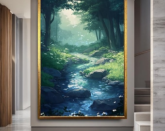 May include: A framed landscape painting depicts a serene forest scene. A stream flows through the center, surrounded by lush greenery and large rocks. The artwork features a gold frame and is displayed on a gray wall.