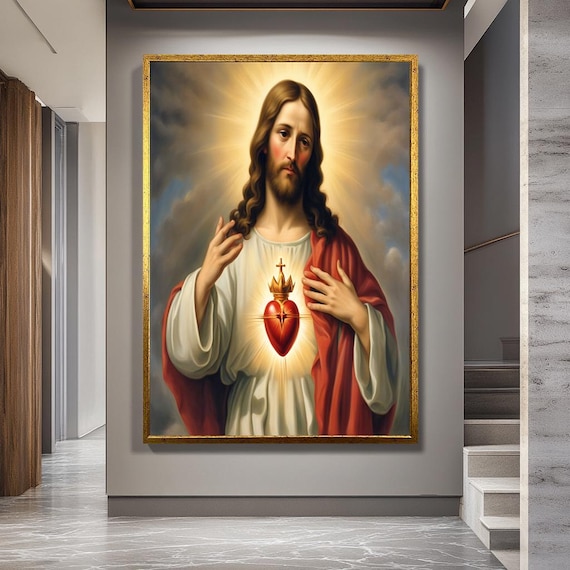 Sacred Heart of Jesus Canvas Wall Art – Radiant Catholic Portrait with Crowned Glowing Heart Symbolizing Divine Love and Mercy for Faithful