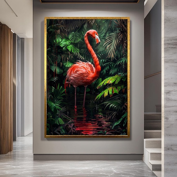 Tropical Flamingo Canvas Wall Art, Jungle Bird Print with Lush Greenery, Exotic Animal Nature Artwork for Living Room or Office Decor