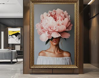 Romantische Blumen Frauen Porträt Wandkunst | Rosa Pfingstrose Leinwanddruck Elegante feminine botanische Kunst für moderne Innenräume