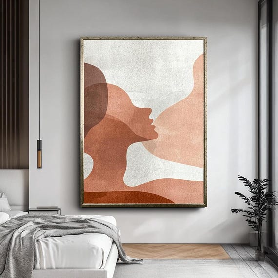 Abstract Female Silhouette Wall Art | Minimalist Terracotta Toned Woman Canvas | Modern Boho Line Art Print for Living Room or Bedroom Decor