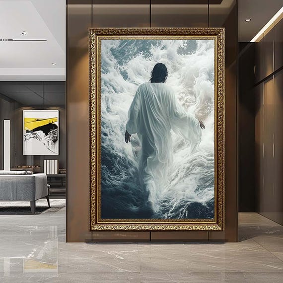 Jesus Walking Through Stormy Waves Canvas Wall Art – Powerful Christian Faith Print – Inspirational Religious Artwork